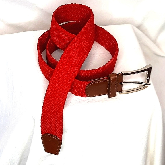 Red Woven Belt, Leather, Metal Buckle - Picture 3 of 6